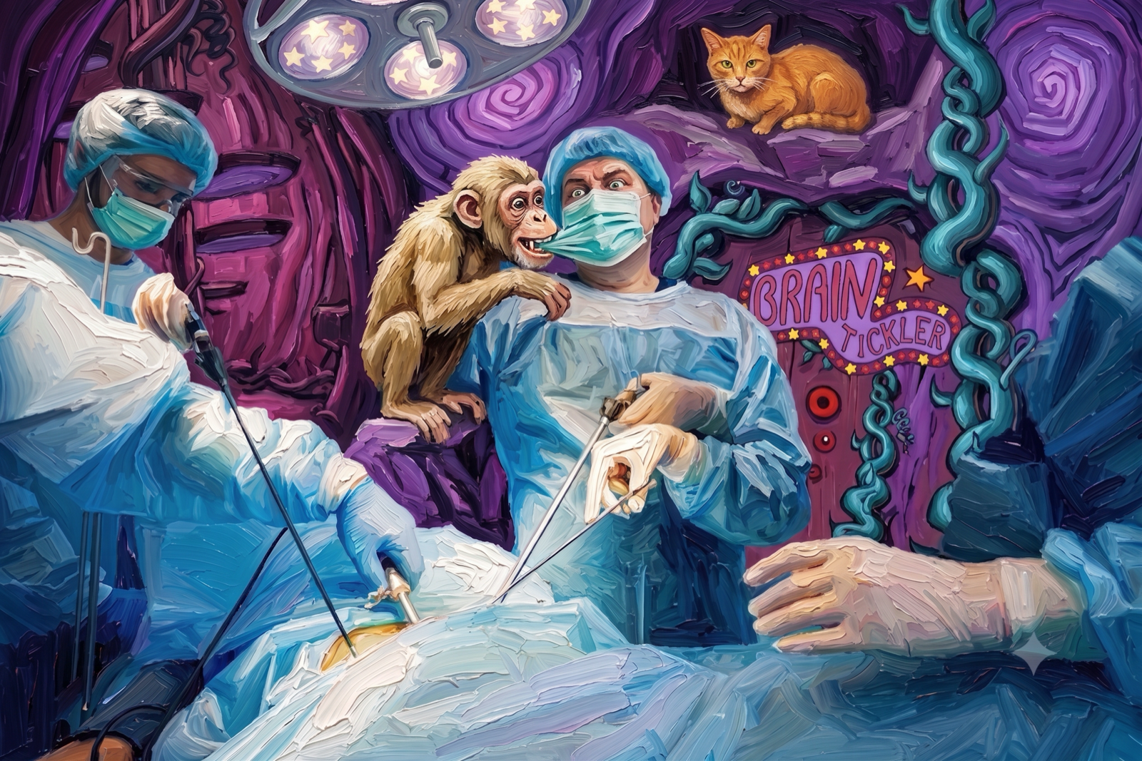 Painted operating room scene with a monkey on the surgeon's shoulder and a Brain Tickler sign